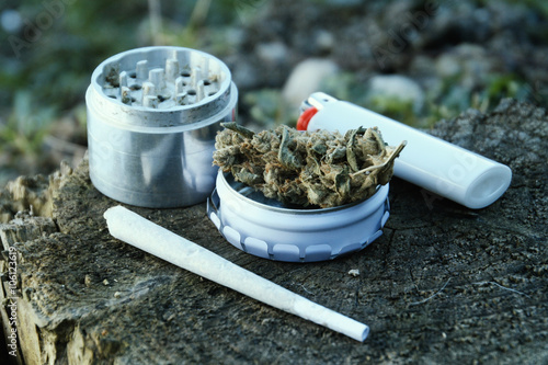 Ganja Bud With Joint, Lighter And Grinder