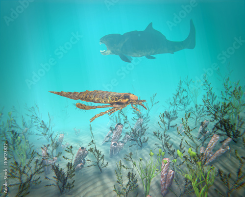Eurypterus And Dunkleosteus In The Devonian Sea photo