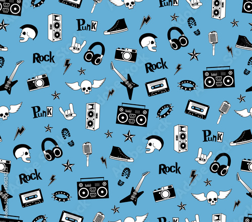 Seamless pattern. Punk rock music isolated on blue background. Doodle style elements, emblems, badges, logo and icons.