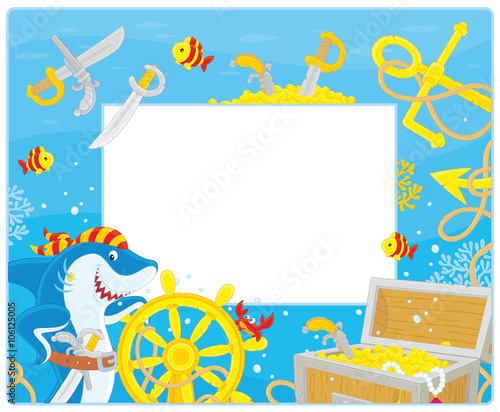 Vector horizontal frame border with a pirate shark, a steering wheel, an anchor and a treasure chest from a sunken ship