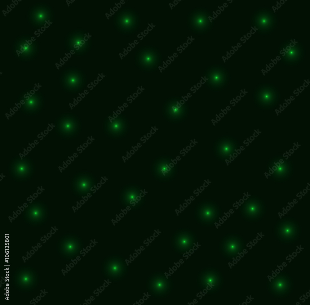 Naklejka Green glowing neon dots, dark background, fireflies