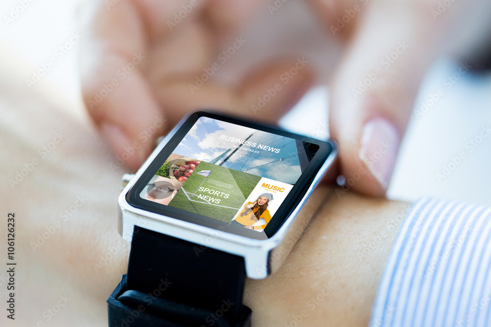 close up of hands with application on smartwatch