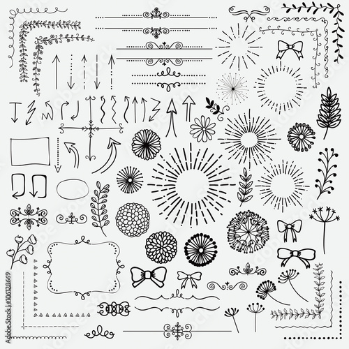 Vector Black Sketched Floral Rustic Design Elements 