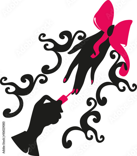 Two silhouettes of woman hands in manicure process