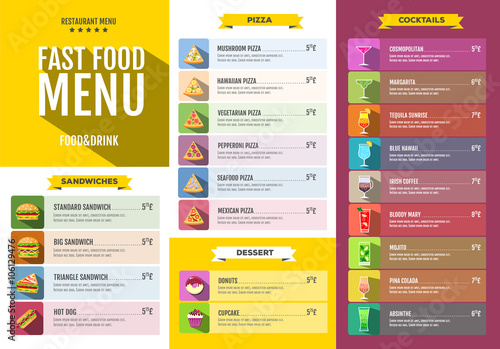 Fast food menu. Set of food and drinks icons. Flat style design.