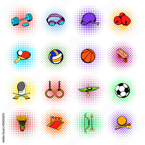 Sports equipment icons set, comics style
