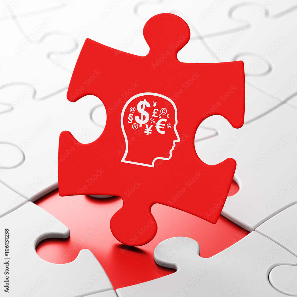 Education concept: Head With Finance Symbol on puzzle background Education concept: Head With Finance Symbol on puzzle background