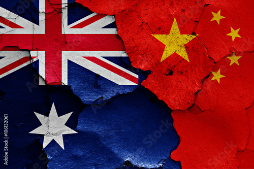 Canvas Print flags of Australia and China painted on cracked wall