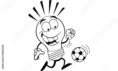 Black and white illustration of a light bulb playing soccer.