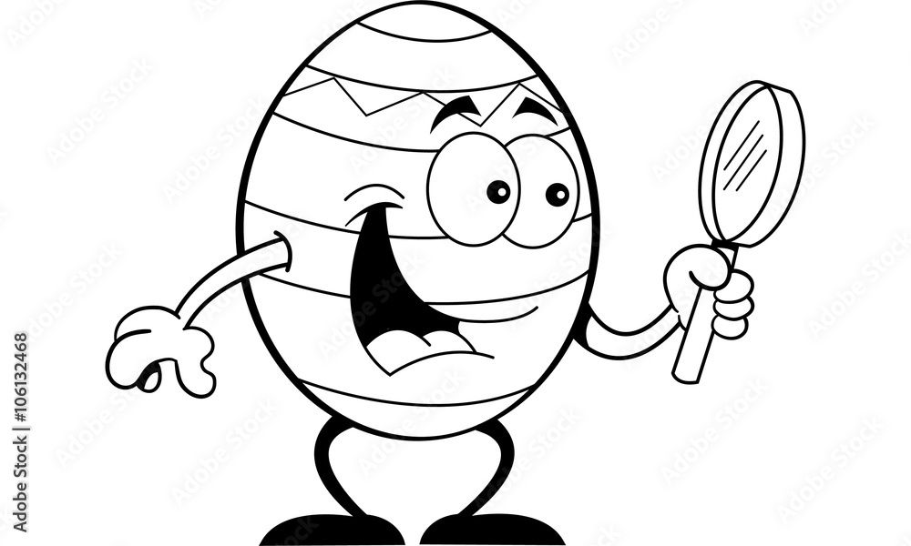 Black and white illustration of a Easter egg holding a magnifying glass. Black and white illustration of a Easter egg holding a magnifying glass.
