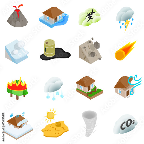 Natural disaster icons set, isometric 3d style