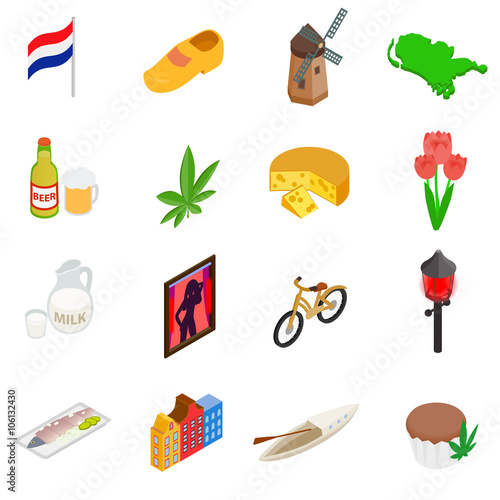 Netherlands icons set, isometric 3d style