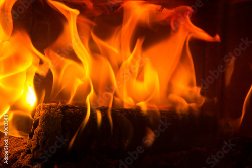 Log on fire burning billets in fireplace