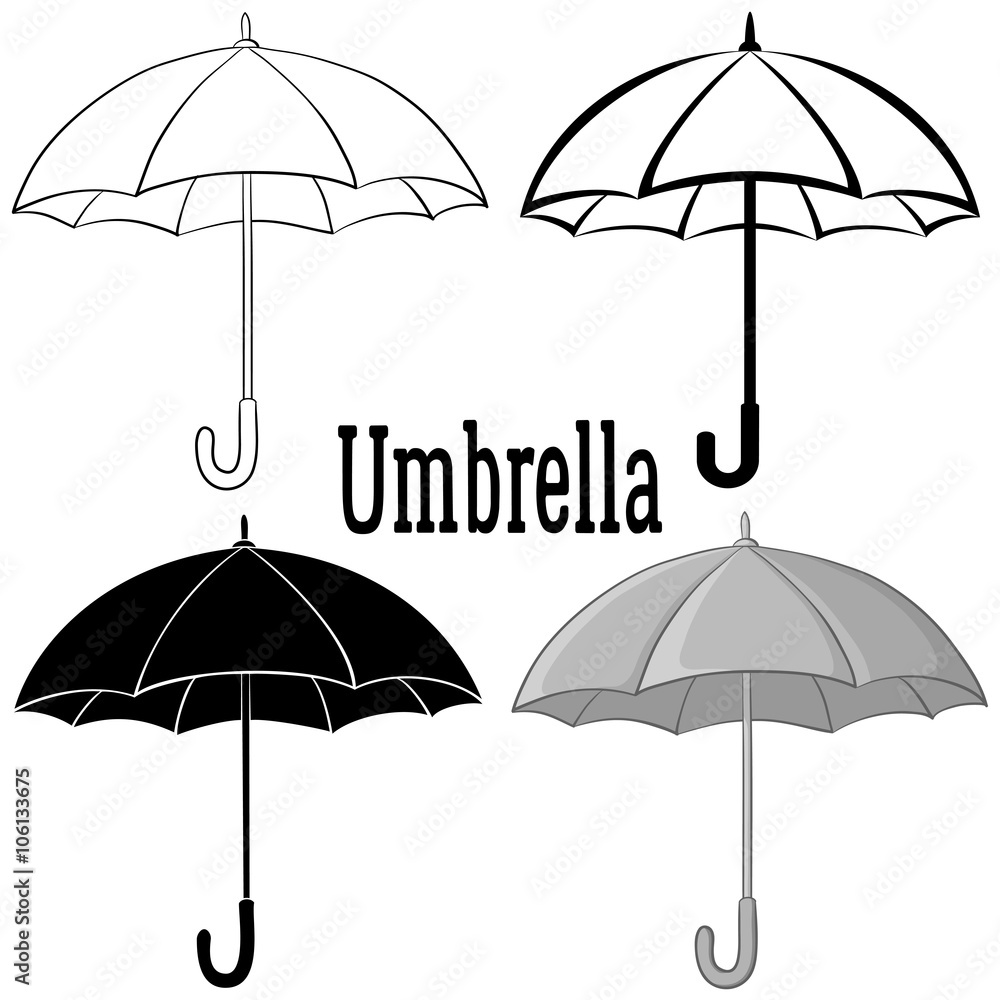 Umbrella Set, Black Contours, Silhouettes, Pictogram and Grey Isolated on White Background. Vector