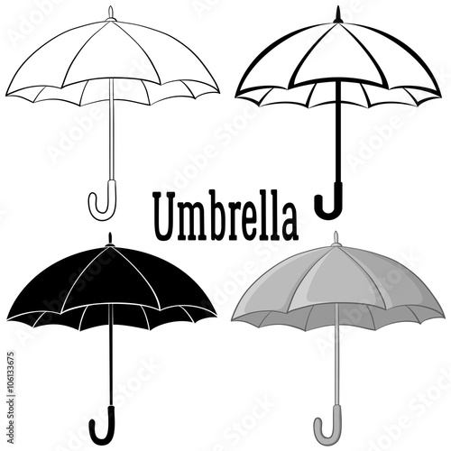 Umbrella Set, Black Contours, Silhouettes, Pictogram and Grey Isolated on White Background. Vector