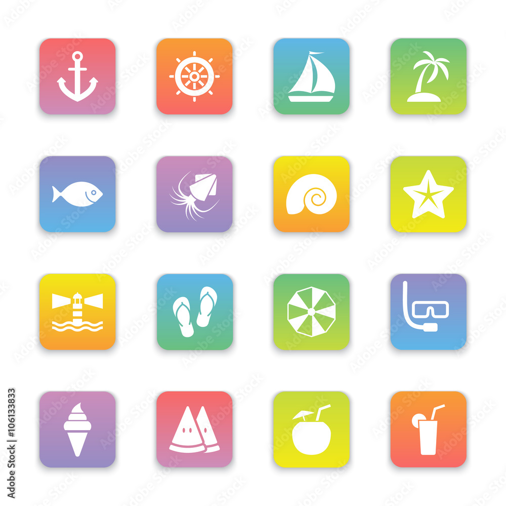 gradient colored flat beach and summer icon set on rounded rectangle for web design, user interface (UI), infographic and mobile application (apps) gradient colored flat beach and summer icon set on rounded rectangle for web design, user interface (UI), infographic and mobile application (apps)