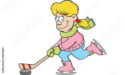 Cartoon illustration of a girl playing ice hockey.
