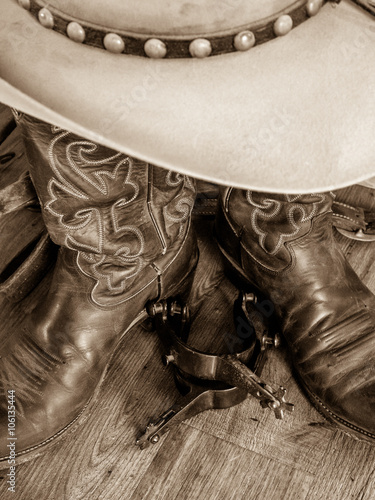 Hat, Boots, Spurs, Sepia