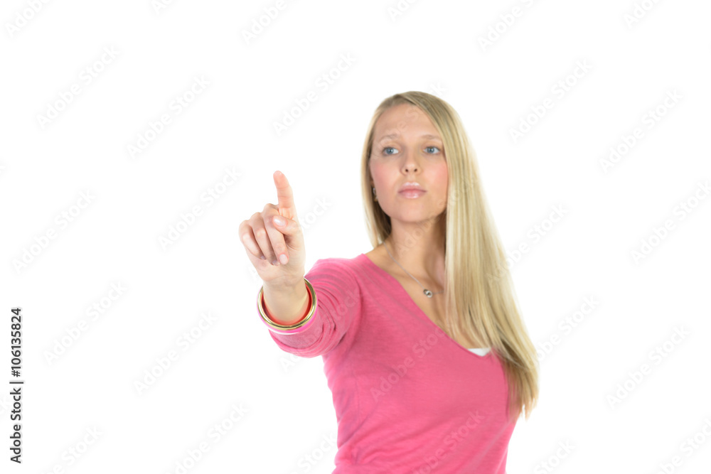 beautiful blond woman in front of visual touch screen beautiful blond woman in front of visual touch screen