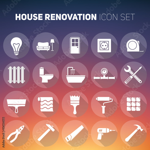 Set of house renovation icons. Tools, furniture and equipment for home remodeling. Flat style transparent icons