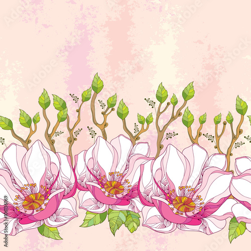 Wallpaper Mural Seamless pattern with ornate magnolia flower in pink and green leaves on the textured background in pastel color. Floral background in contour style. Torontodigital.ca