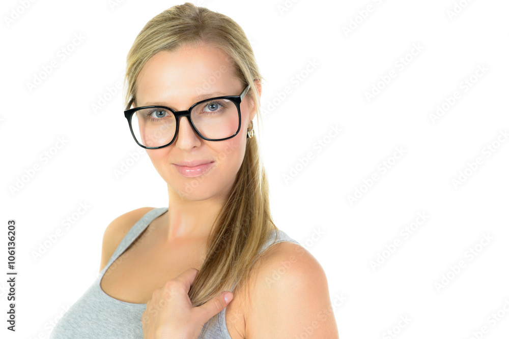 beautiful blond woman in glasses smiles beautiful blond woman in glasses smiles