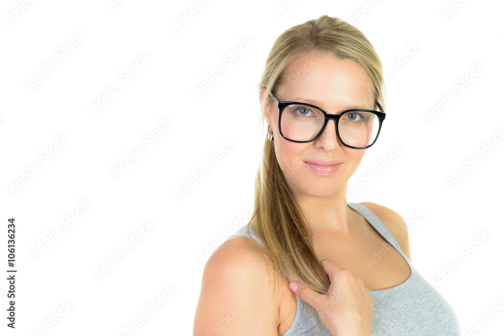 beautiful blond woman in glasses smiles beautiful blond woman in glasses smiles
