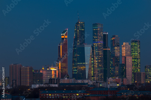 Buildings of Moscow City complex of skyscrapers at evening in Moscow