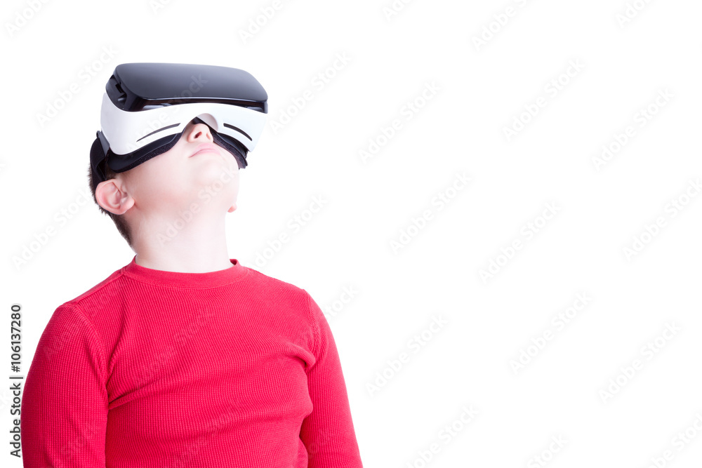 Child with virtual reality headset looking up Child with virtual reality headset looking up