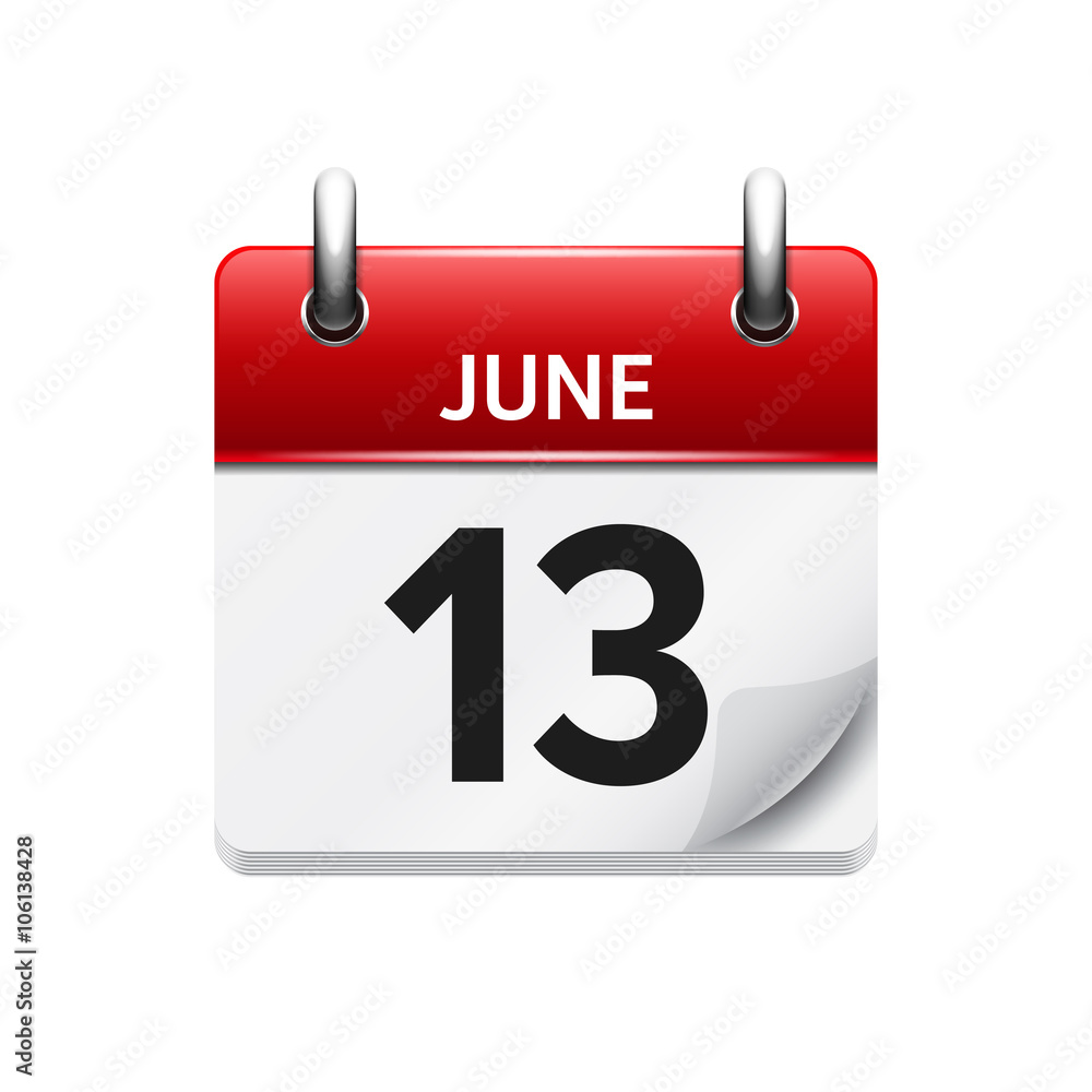 June  13. Vector flat daily calendar icon. Date and time, day, month. Holiday.