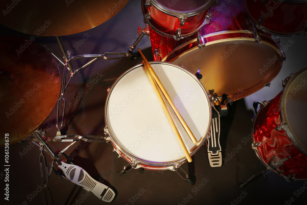 Drums set and sticks, close-up Drums set and sticks, close-up