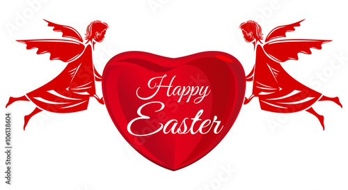 Angels holding a big heart with an inscription - Happy Easter. Easter greeting card. Happy Easter. Design element for Easter card. Angel, Cherubim isolated on white background. Vector illustration