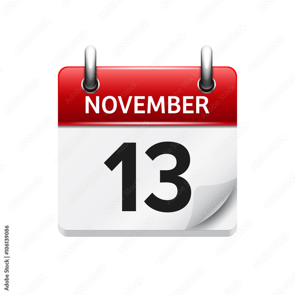 November 13. Vector flat daily calendar icon. Date and time, day, month. Holiday. November 13. Vector flat daily calendar icon. Date and time, day, month. Holiday.