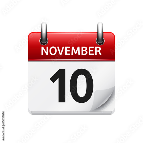November 10 . Vector flat daily calendar icon. Date and time, day, month. Holiday.