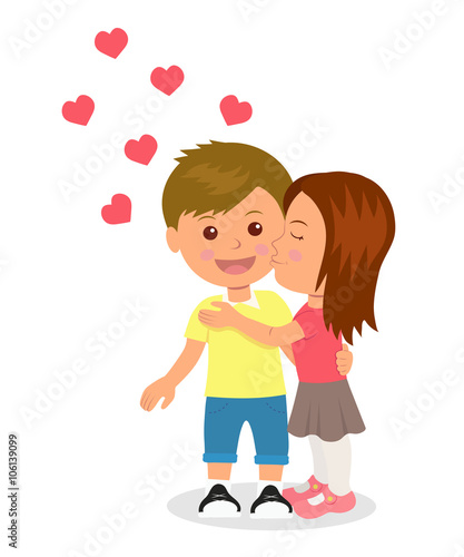  First love. Boy and girl hugging and kissing. Concept design of romantic relationship between a man and a woman. Valentines Day