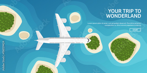 Vector illustration. Travel and tourism. Airplane, aviation. Summer holidays, vacation. Plane landing. Flight, air travelling.  Sky, aerial background. Journey. 