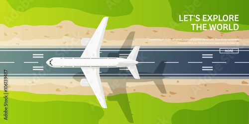 Vector illustration. Travel and tourism. Airplane, aviation. Summer holidays, vacation. Plane landing. Flight, air travelling.  Sky, aerial background. Journey. 