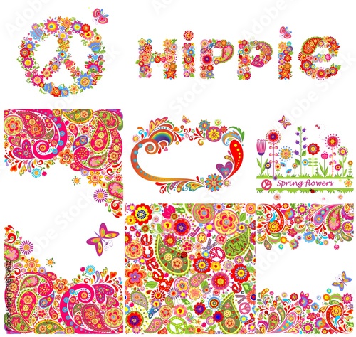 Set of hippie backgrounds and design elements