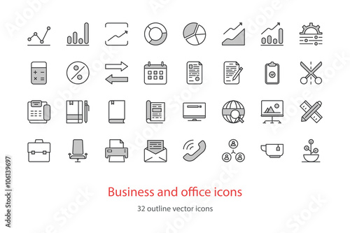 Set of vector outline business and office icons. Black color.