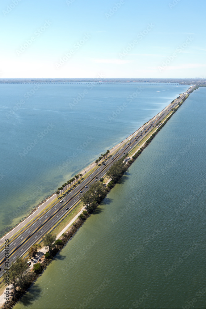 Aerial view of highway crossing Old Tampa Bay, Florida towards Clearwater Aerial view of highway crossing Old Tampa Bay, Florida towards Clearwater