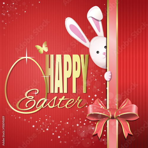 Beautiful festive background with pink ribbon, bow, Easter bunny and stylized gold Easter egg. Happy Easter. Gold lettering on a red festive background. Easter greeting card. Vector illustration