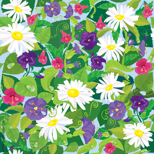 Seamless background with beautiful flowers - camomile, pansy, be