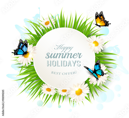 Happy summer holidays banner with grass and butterflies. Vector.