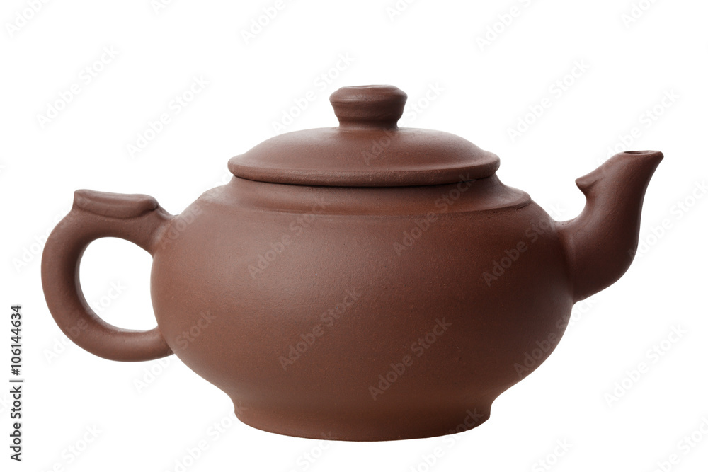 Clay teapot on the white background