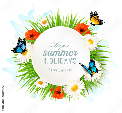 Fototapeta Naklejka Na Ścianę i Meble -  Happy summer holidays background with poppies, daisies and butte