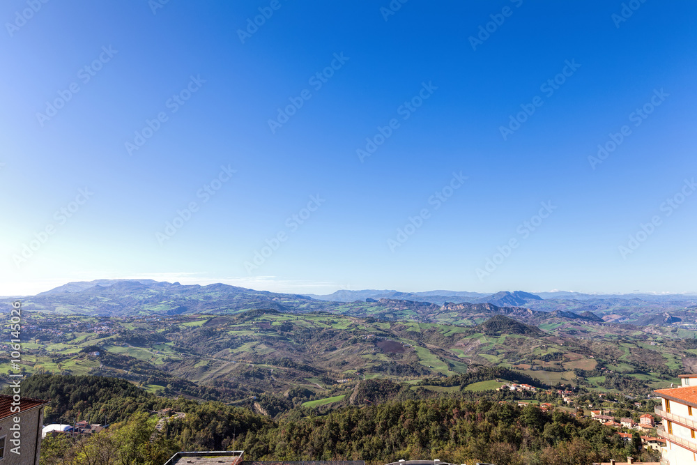 San Marino and the Apennine Mountains. Monte Titano is the highe