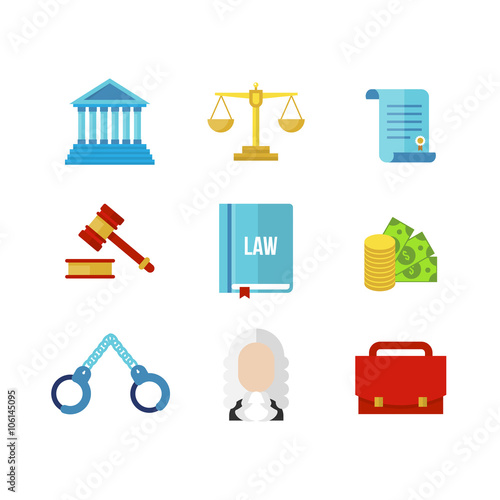 Tribunal law icon set. Tribunal vector illustration. Judge flat icon. Law icons.  Law books,  court,  law icon,  scales of justice,  gavel isolated on white background. 