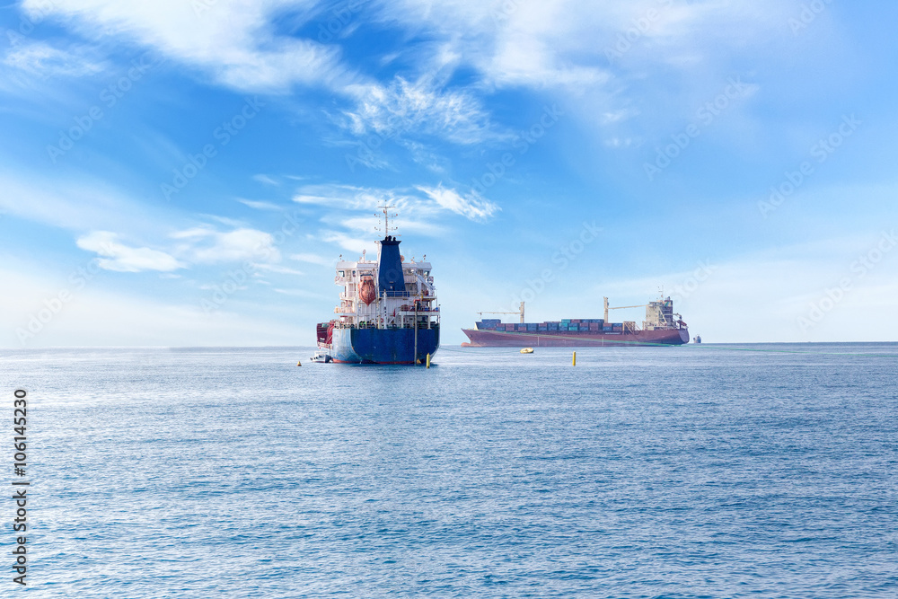 Rendezvous of two ships on the high seas. Commercial container ship on the high seas Rendezvous of two ships on the high seas. Commercial container ship on the high seas