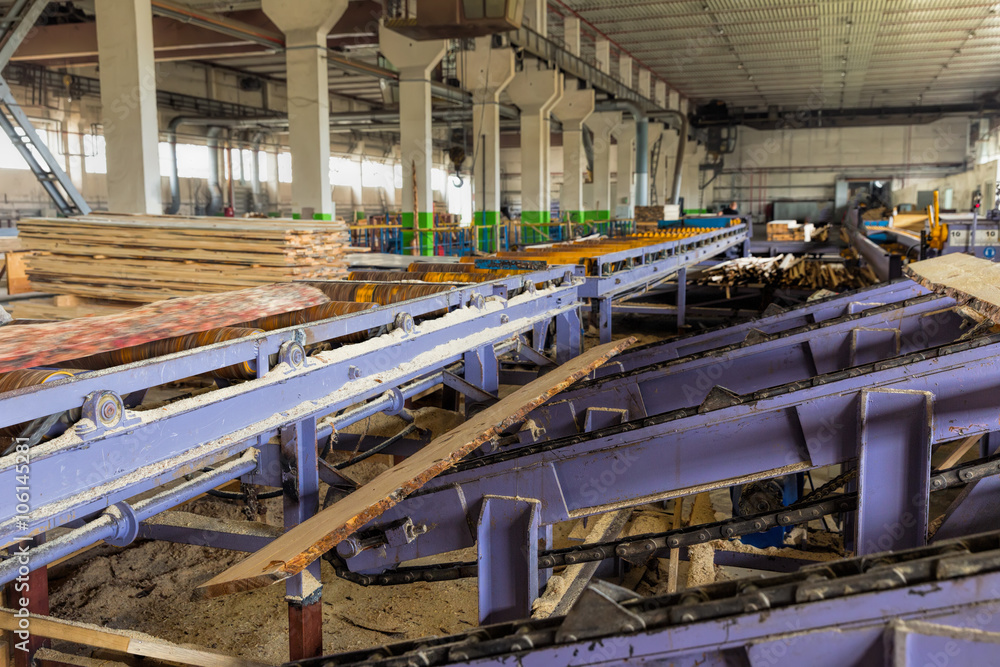 Sawmill. The process of cutting logs into boards. Automatic line sawing