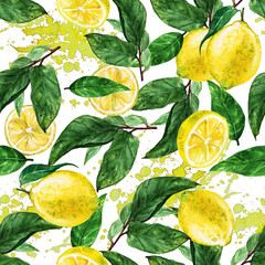 Papier peint photo Fruits aquarelle patrons Citrons jaunes aquarelle motif botanique  © nataliahubbert
